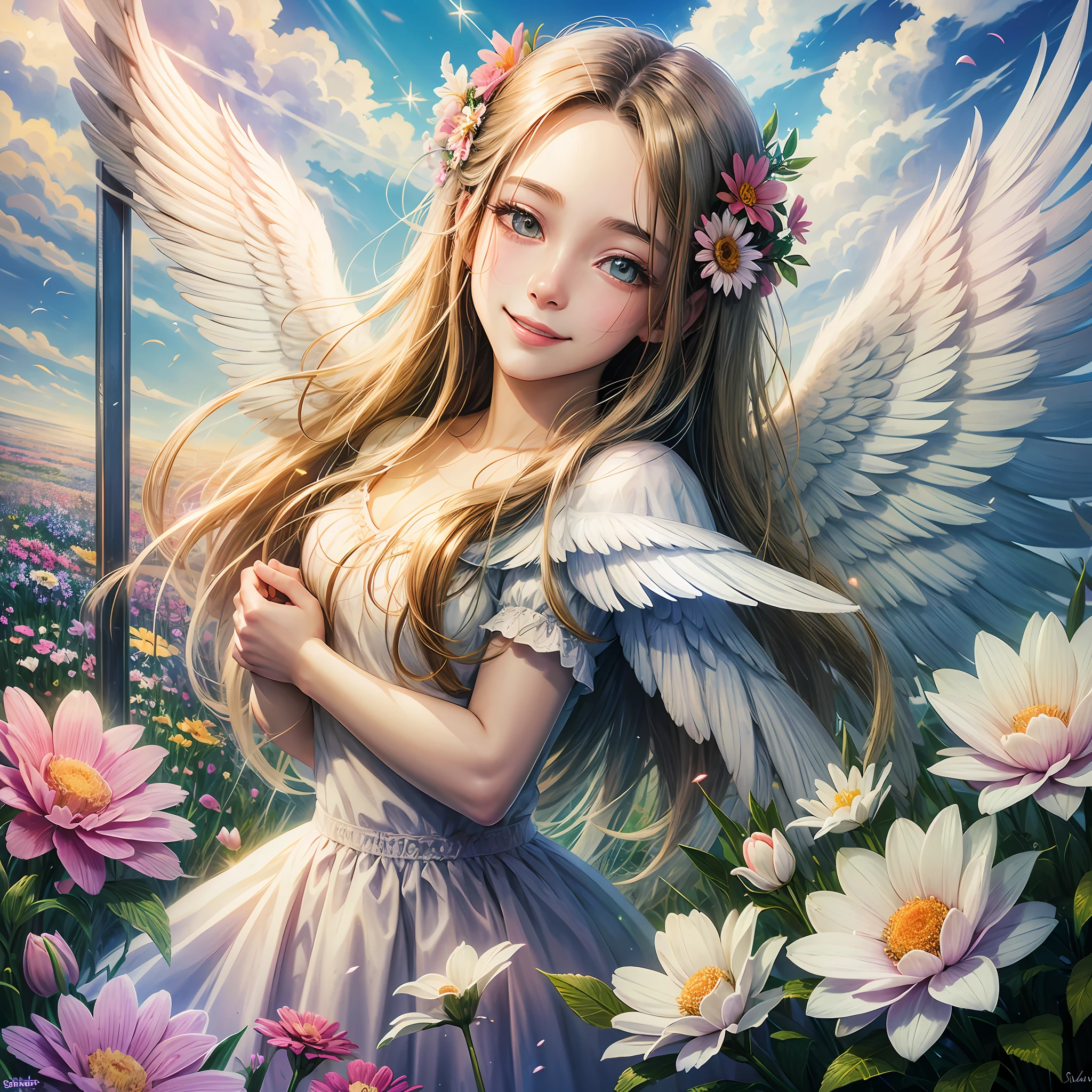 angel wings, heaven, light, brilliance, happiness, bright smile, glitter, flowers, flower garden, clouds --auto --s2