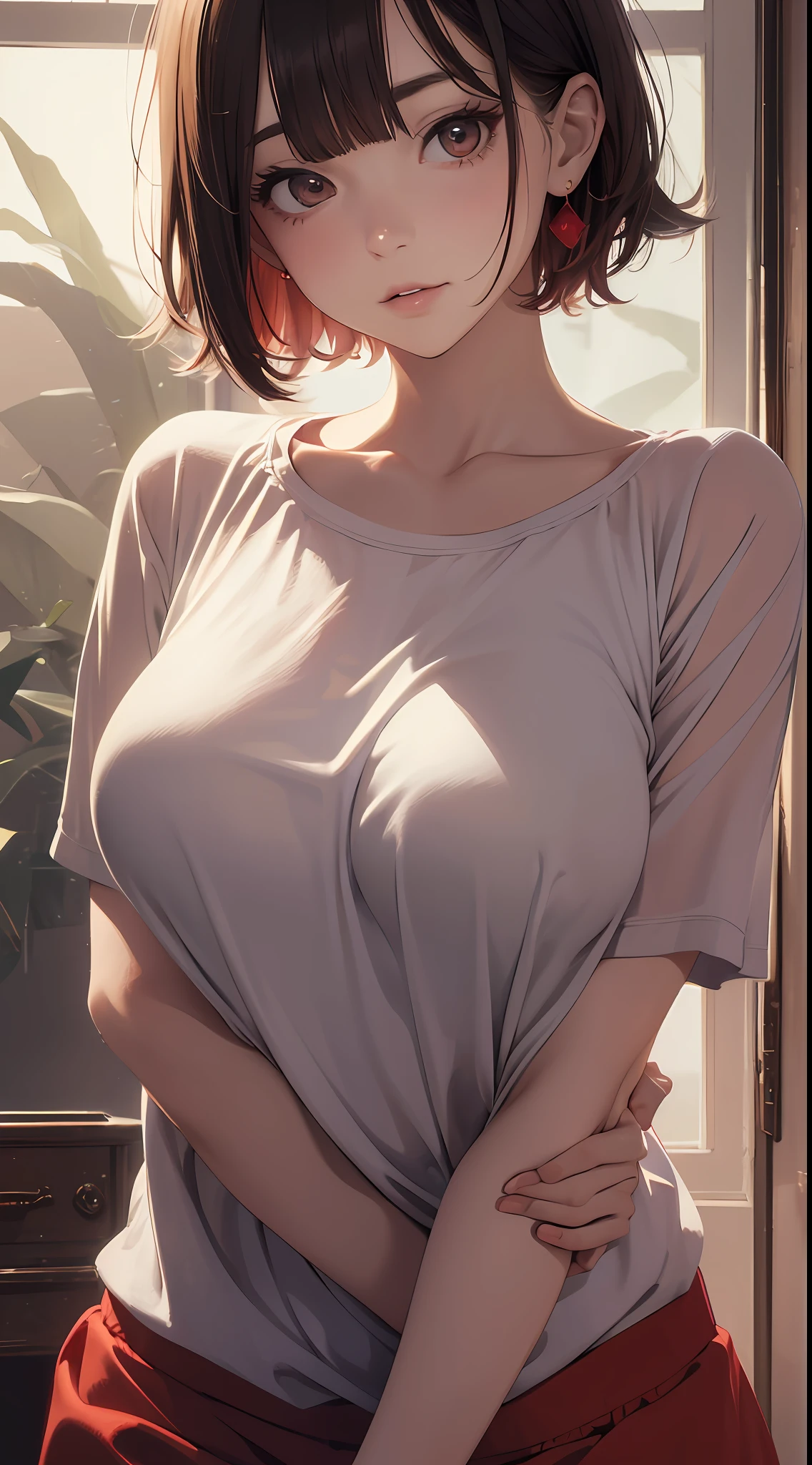 (masterpiece, top quality, absurdity: 1.3), illustration, medium bob, (subjective hands), grabbing breasts, cute girl, close-up, upper body, short hair, loose red shirt, bed,