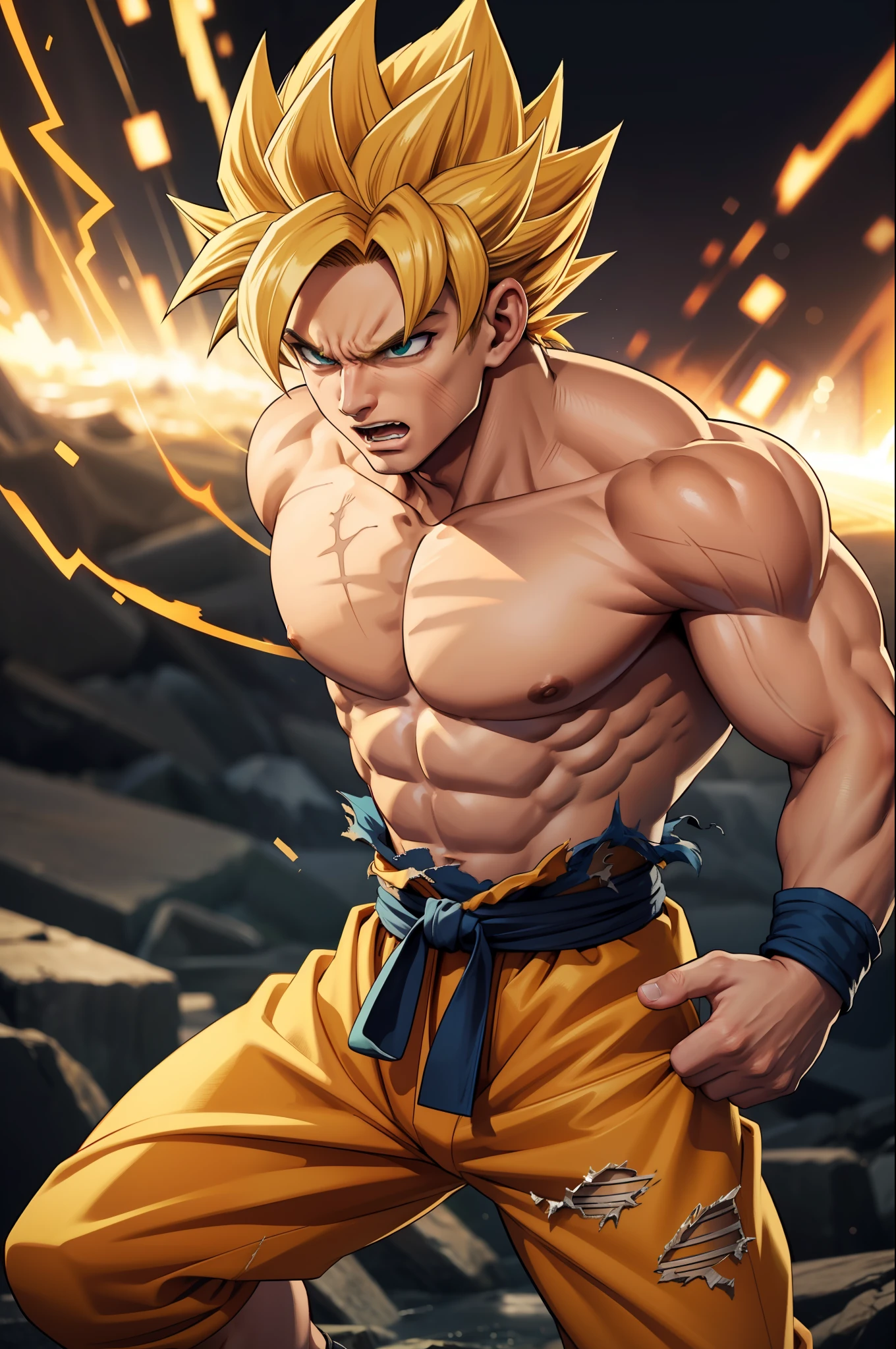 (masterpiece, best quality), intricate details, 8k, artstation, wallpaper, official art, splash art, storm in background, sharp focus, 1boy, (photorealistic:1.2) (bokeh) (best quality) (detailed skin:1.3) (intricate details) (8k) (detailed eyes) (sharp focus) son goku, angry, battle damage, blonde hair, blue sash, clenched teeth, furious, green eyes, male focus, muscular, muscular male, pectorals, sash, solo, spiked hair, super saiyan, super saiyan 1, teeth, topless male, torn clothes, wristband,