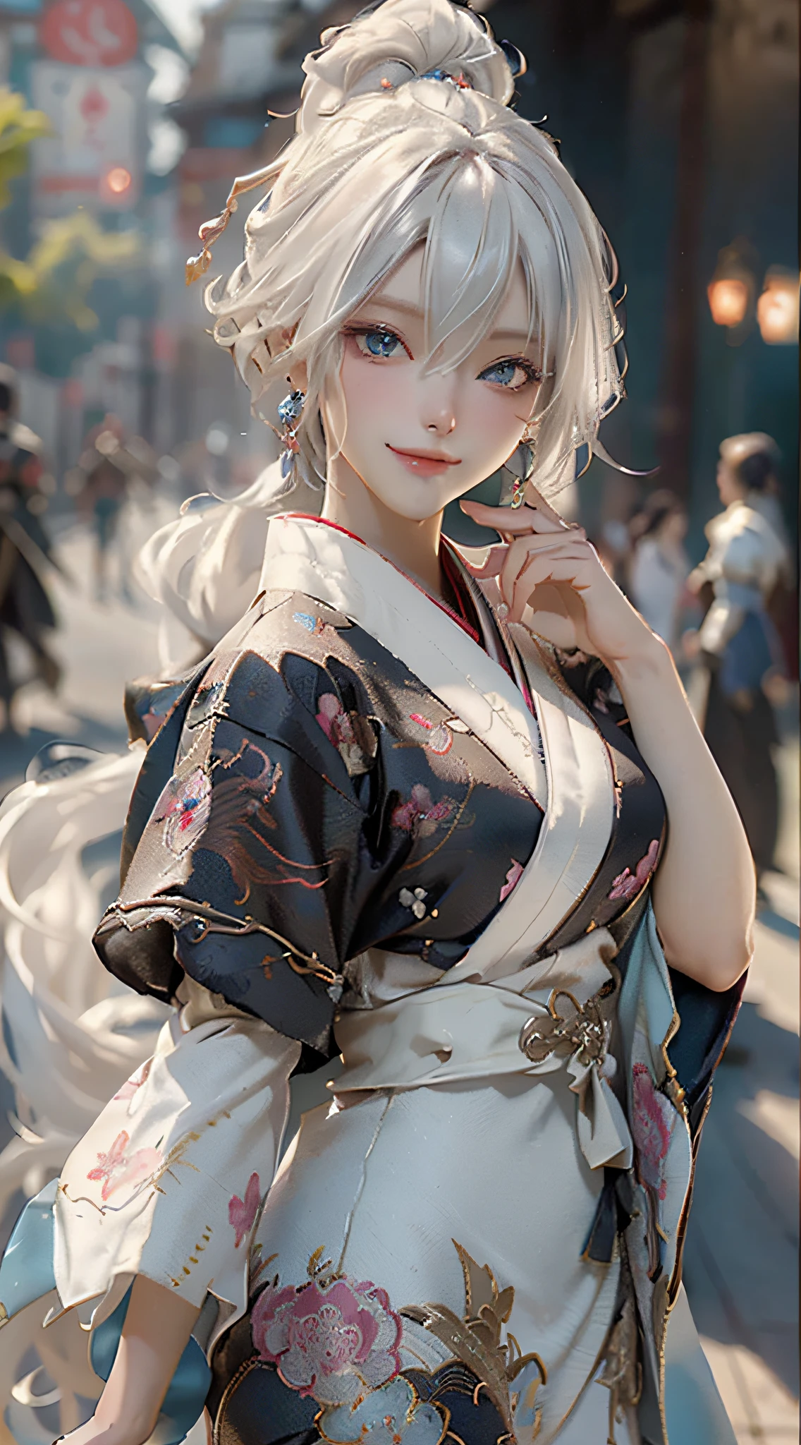 Anime - style woman in kimono outfit posing for picture in street - SeaArt  AI