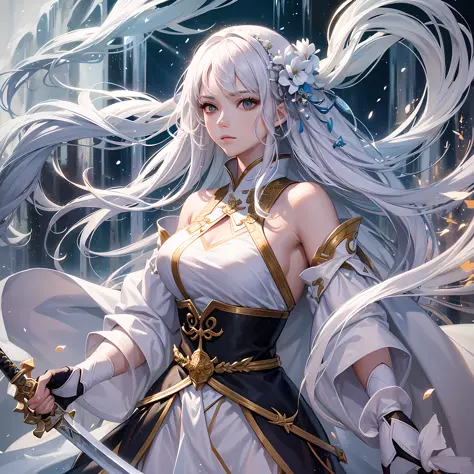 a close up, a woman, a sword, in a white dress, fantasy art, beautiful character painting, artwork, white hanfu, flowing white robes, full body wuxia, epic exquisite character art, stunning character art, beautiful female assassin