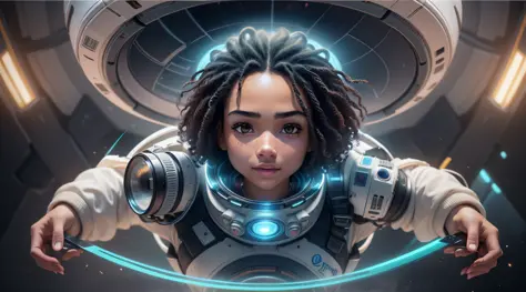 A girl with black skin and curly hair floats inside a large gravitational capsule, dynamic angle, open arms, open hands, (perfect smile: 1.8), (perfect body: 1.8), (full body: 1.8), golden ratio, space objects floating in the background, anime portrait Spa...