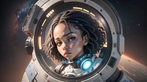 A girl with black skin and curly hair floats inside a large gravitational capsule, space objects floating in the background, anime portrait Space Cadet Girl, from a 2 0 1 9 Sci Fi 8 K movie, Zoe Kravitz futuristic astronaut, 8 K movie still, movie still 8 ...