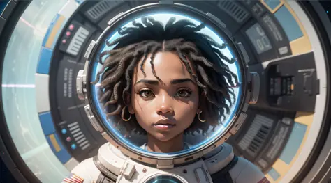 A girl with black skin and curly hair floats inside a large gravitational capsule, space objects floating in the background, anime portrait Space Cadet Girl, from a 2 0 1 9 Sci Fi 8 K movie, Zoe Kravitz futuristic astronaut, 8 K movie still, movie still 8 ...