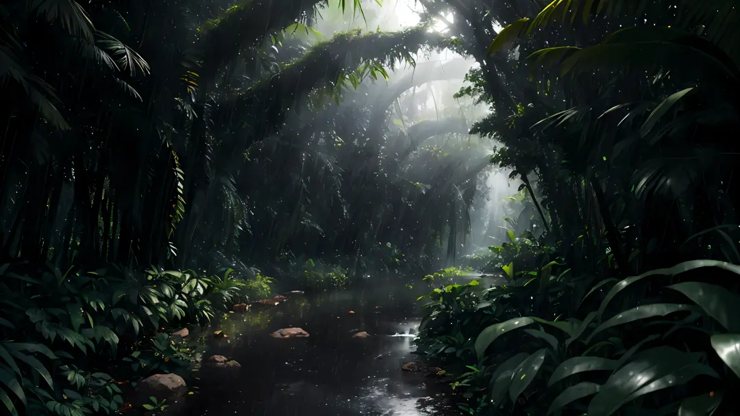 A jungle, with intense rainfall, monochromatic, vines all around, giant and wet trees, masterpiece, best quality, high quality, ...