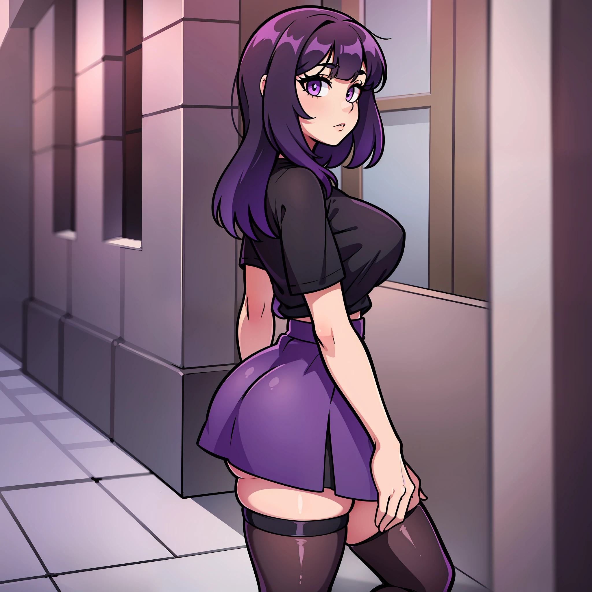 Una hermosa chica con cabello negro pardusco y morado con flequillo, vestida con una camiseta negra, una falda negra y medias hasta los muslos negras y moradas.