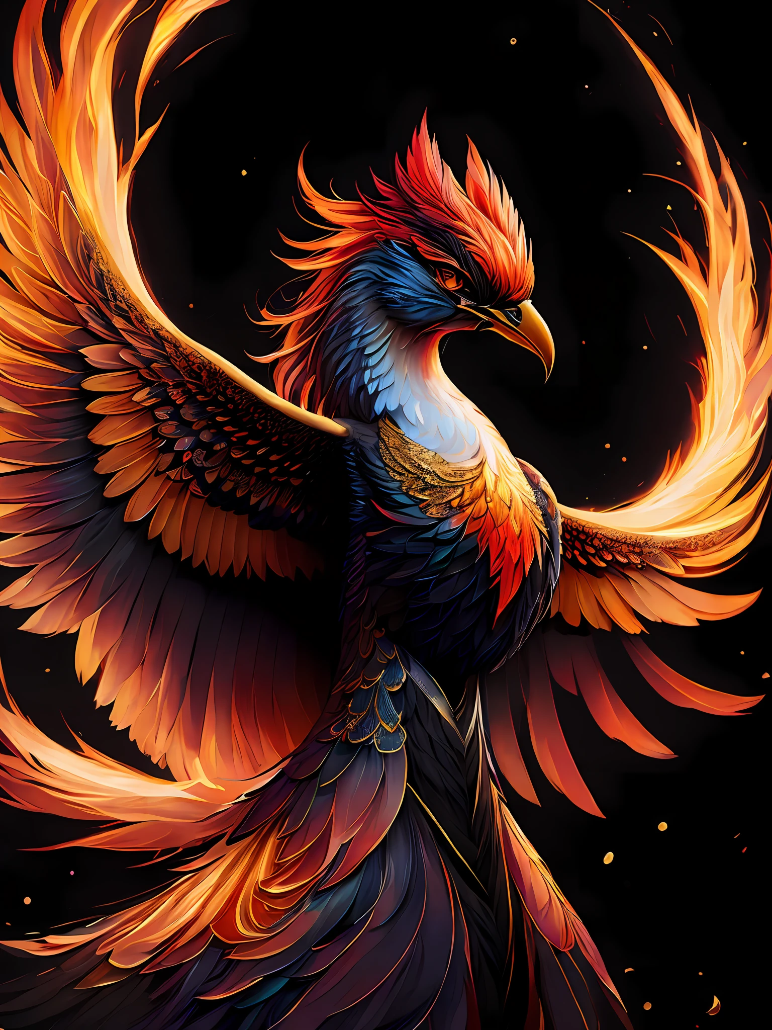 intricate and colorful, (digital painting:1.2) of phoenix firebird, (black background), by Artgerm, concept art, octane render, trending on artstation,  iolibt, vfx, Blender and Photoshop, octane render, excellent composition, cinematic atmosphere, dynamic dramatic cinematic lighting, aesthetic, very inspirational, arthouse
