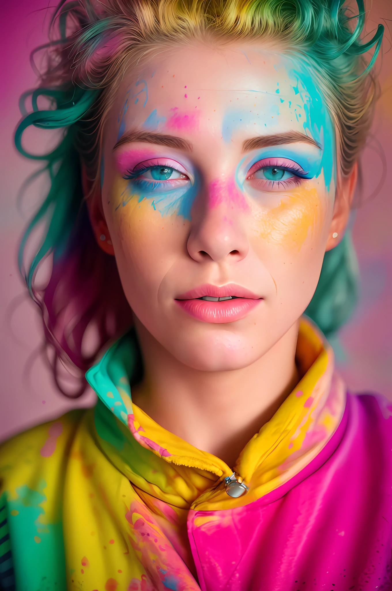 Beautiful american model, wearing sweatshirt, looking at viewer, Holi color festival, portrait, hyper detailed point of view, by Lee Jeffries, Nikon D850, film photography, 4 kodak portra 400, camera lens f1.2, rich colors, hyper realistic, realistic texture, dramatic lighting, cinestill 800,