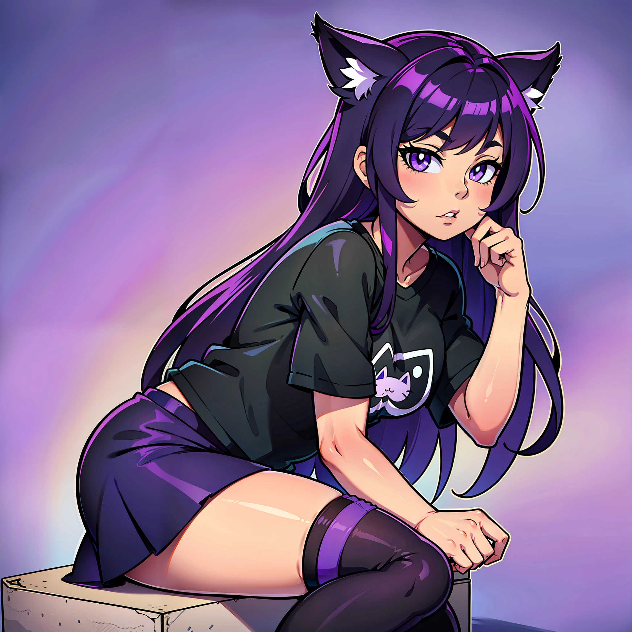 A beautiful girl with tanned skin, cat eats, black and purple hair with bangs wearing a black tee-shirt with the twitch logo, a black skirt and black and purple thigh-high socks