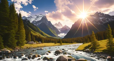 detailed background, masterpiece, best quality, scenery, mountains, river, forest, sun, day, clouds