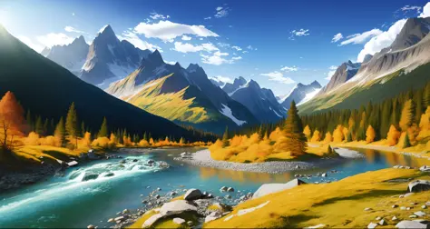 detailed background, masterpiece, best quality, scenery, mountains, river, forest, sun, day, clouds