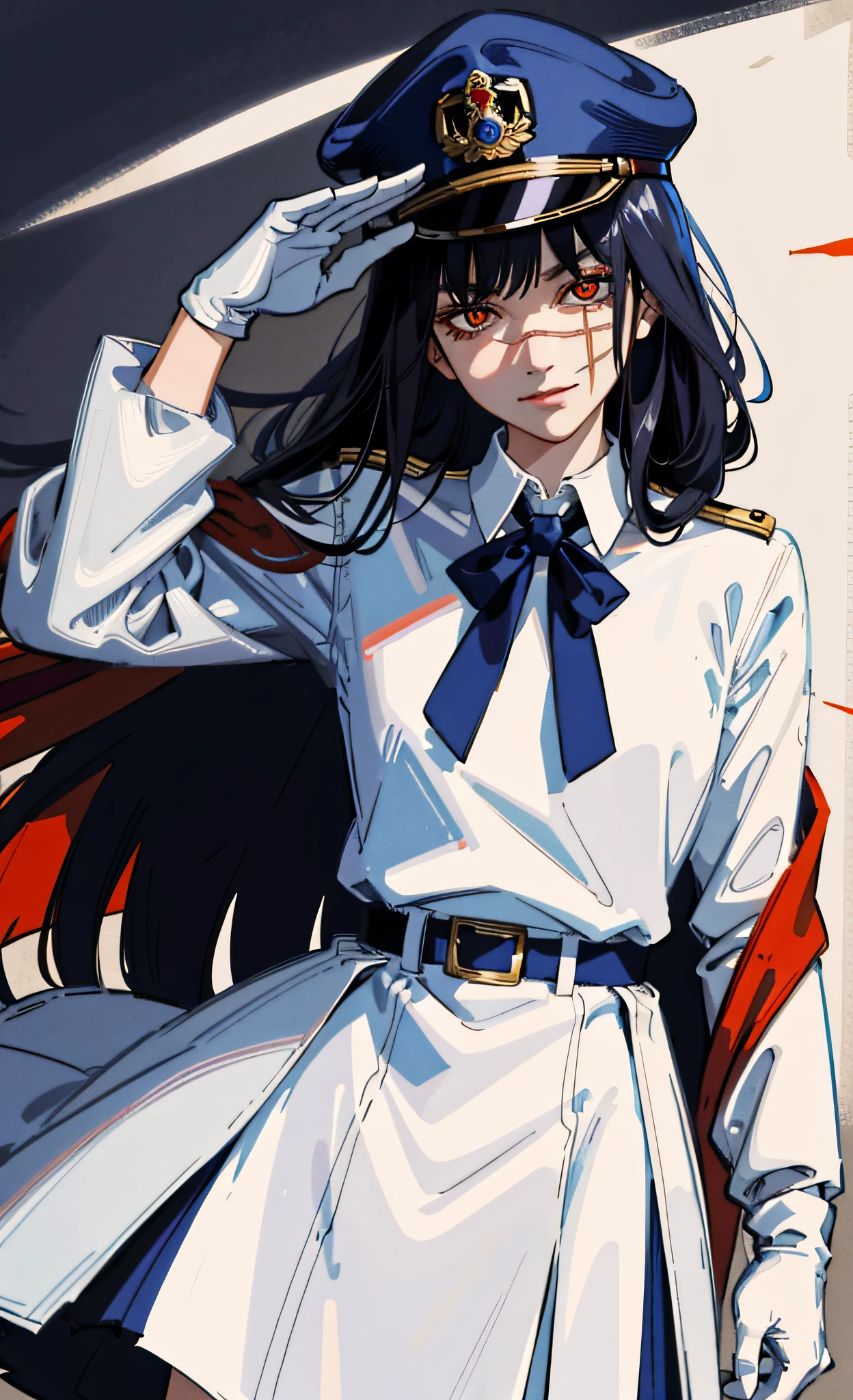 (best quality), yoru, 1girl, long hair, orange eyes, scar on face, ringed eyes, makes military salute with white gloves, blue military dress with war medals, red cape, blue military cap, white background, looking at the viewer with an evil smile, (wallpaper), (8k HD),