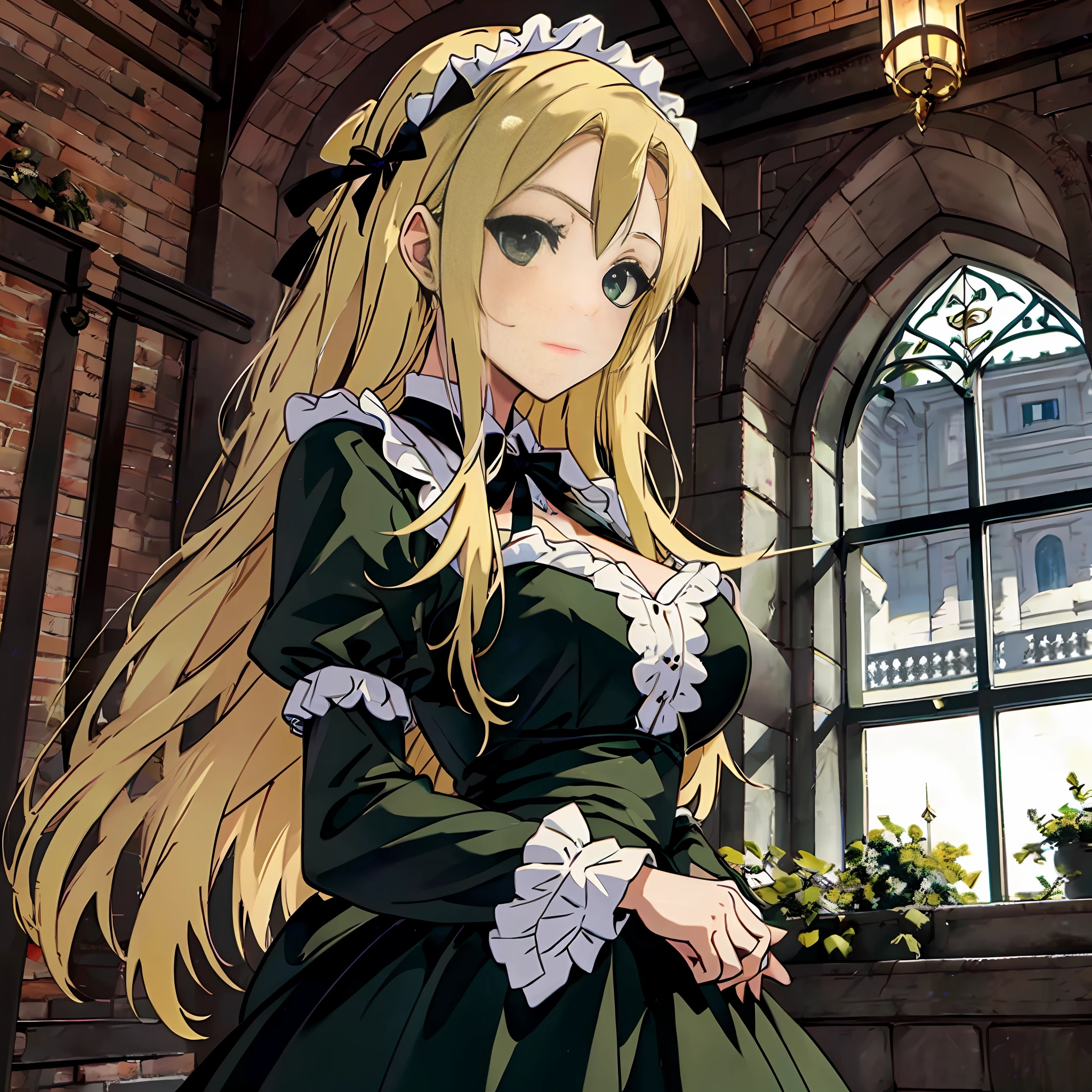 Chica anime con vestido verde parada frente a una ventana. - SeaArt AI