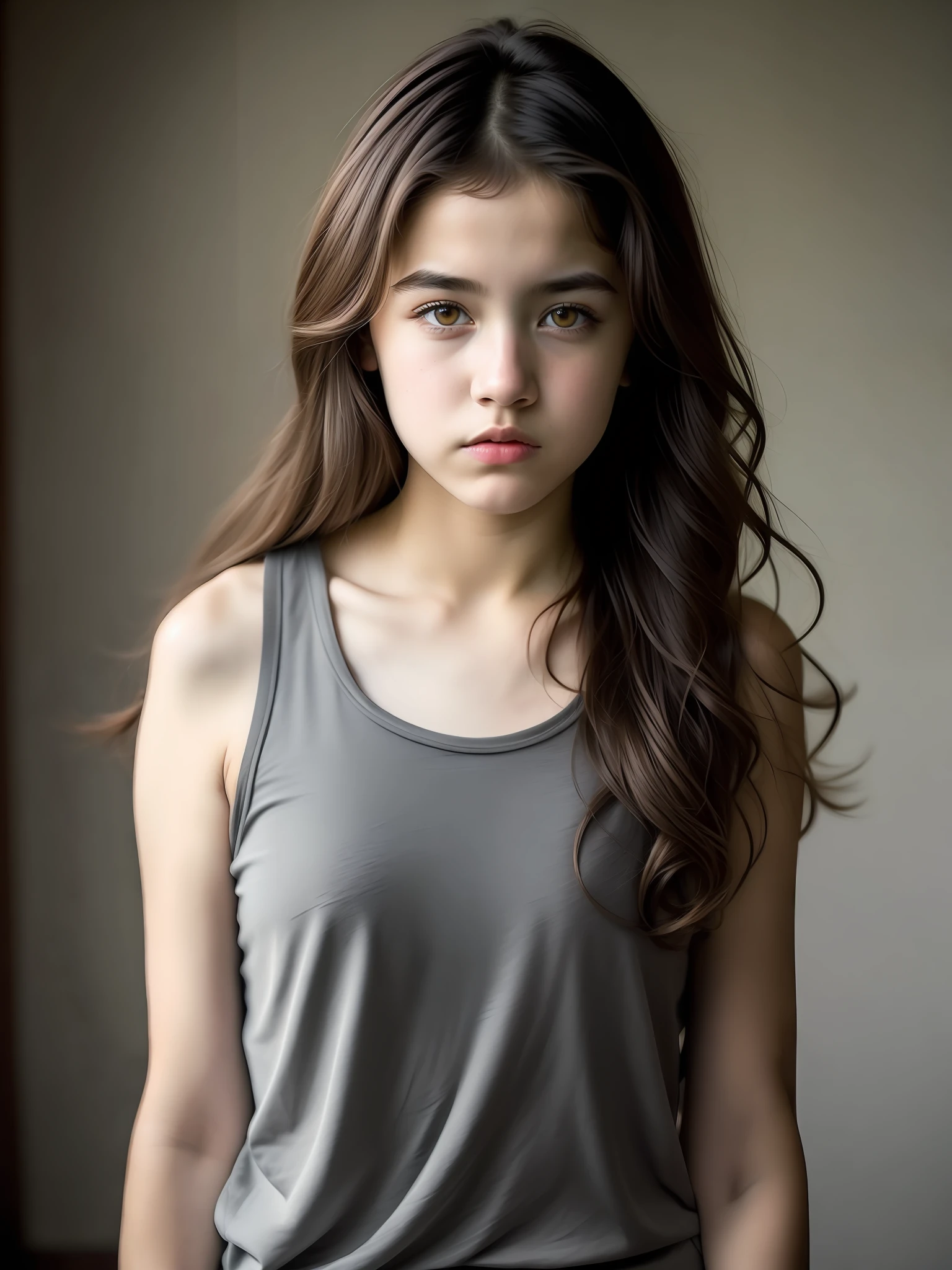 (Steve McCurry style), A beautiful and rebellious 13-year-old girl teenager ((wearing a blend gray tank top)), (shy), 1girl, solo, long brown and curly hair and messy, very detailed face, beautiful eyes, [chubby], adorable, with bright rosy cheeks, angry, gorgeous eyes, rough skin, textured skin, (Rembrandt Lighting), zeiss lens, ultra realistic, (highly detailed skin:  1.2), 8K UHD, DSLR, Dramatic Rim Light, High Quality, Fujifilm XT3,