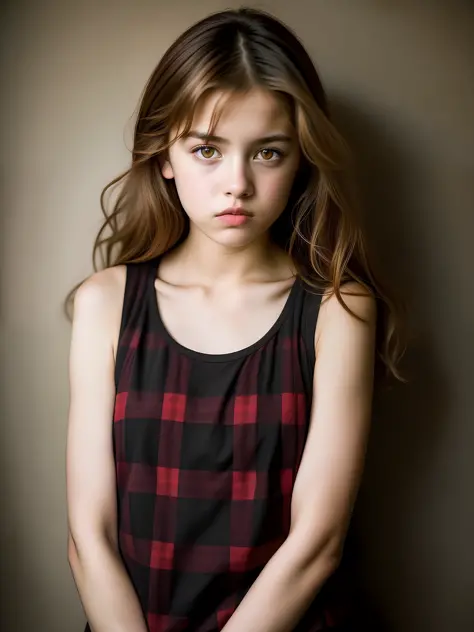 (Steve McCurry style), A beautiful and rebellious 13-year-old girl ((wearing a black tank top and a plaid shirt)), (shy), 1girl,...