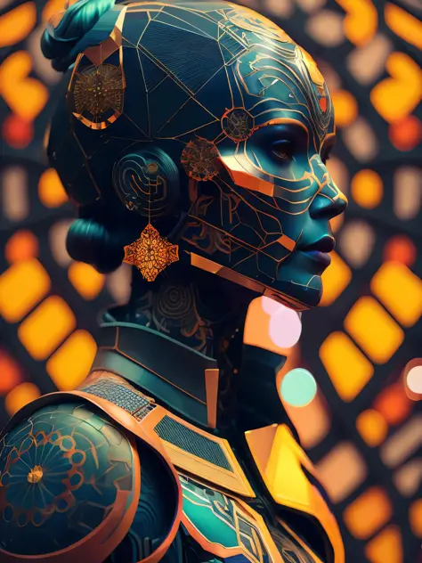 ultra detailed beautiful female android, side portrait, sharp focus, highly detailed vfx portrait, geometric shapes, global illu...