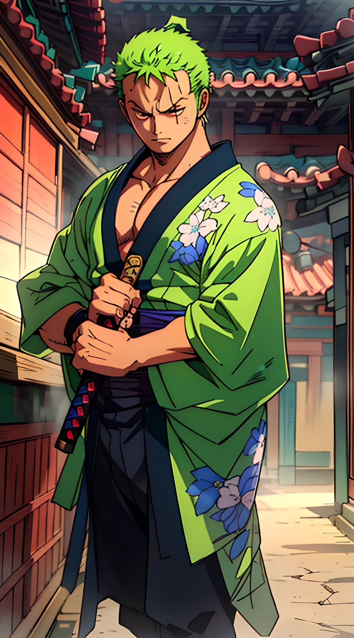 Roronoa Zoro (Masterpiece, 4k resolution, ultra-realistic, very detailed), (Theme of white samurai, charismatic, there is a swordsman next to a Japanese "isakaya" bar, wearing a blue kimono with cloud details on the "obi" track, he is commander of the first division of the leader of the mugiwara band, work "One Piece"), [ ((19 years), (short green hair:1.2),  full body, (red eyes:1.2), ((Roronoa Zoro's pose), show of strength, unsheathing one of his katanas), ((Japanese rural environment):0.8)| (rural landscape, at dusk, dynamic lights), (blinded sun))] # Explanation: The Prompt mainly describes a 4k painting of ultra-high definition, very realistic, very detailed. It shows a master swordsman of the Santoryu style of three katanas, wearing a blue kimono with cloud details at the waist band. The theme in the painting is a theme of a white swordsman, the male protagonist has short green hair, is 19 years old and his entire defined body is shown in the painting, with characteristics of pumped endomorph.