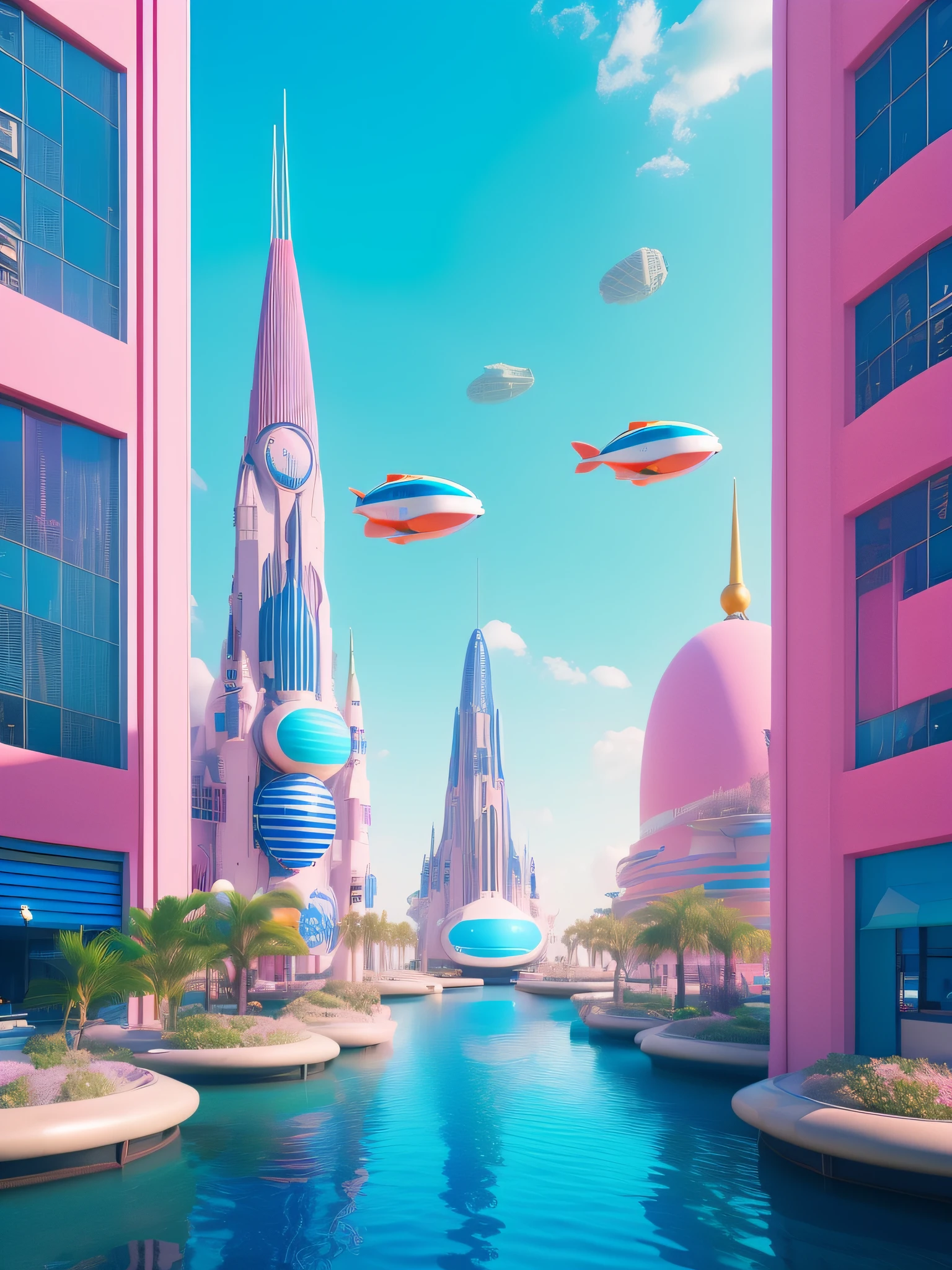 A whimsical and outlandish image of a future world, captured in Wes Anderson's signature style with high saturation colors. The world is populated by fantastical and unusual architecture, with towering spires and bulbous domes painted in bright pinks, greens, and blues. The buildings are designed in a symmetrical layout that creates a sense of order and balance in the bustling metropolis.

The sky is filled with airships and flying cars, moving in a sublime, labyrinthine pattern that defies the imagination. AI-driven robots in sleek white hover around, delivering parcels, while giant, luminescent sea creatures made of plastic float slowly through the sky, mimicking an underwater landscape.

The colors in this utopia are rich and bold, with soft pink and blue contrasting against vivid greens and yellows. The building and the air corridors are painted in vivid and bold hues with lollipop stripes, adding an element of drama and whimsy to the image.

Overall, the image