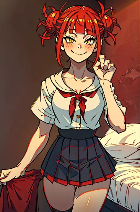 toga himiko, boku no hero academia, 1girl, bangs, red hair, blunt bangs, blunt, breasts, collarbone, double bun, bedroom backgro...