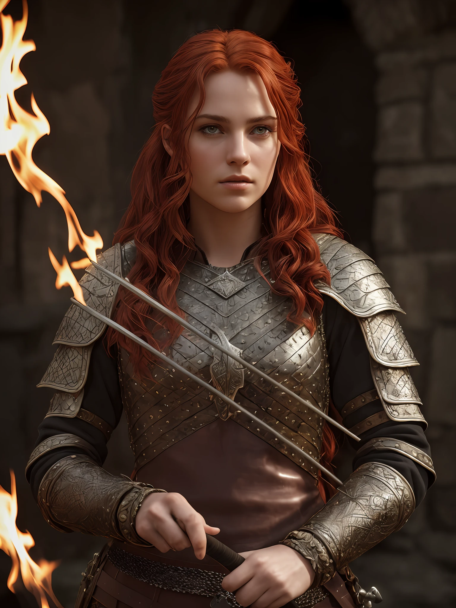 (High quality: 1.3), cinematic shot, masterpiece, (sharp focus: 1.5), (photorealistic: 1.3), medium portrait of (a young Viking archer woman of tired appearance, but still proud and fierce, red hair traced, dressed in elaborately detailed chain mail and leather armor, some torches burn on the walls, giving the scene a somber atmosphere but sculpting the shapes in crisp chiaroscuro),  is night, (highly detailed skin), (detailed face), detailed background, dark lighting, twilight lighting, volumetric lighting, complex details, UHD,