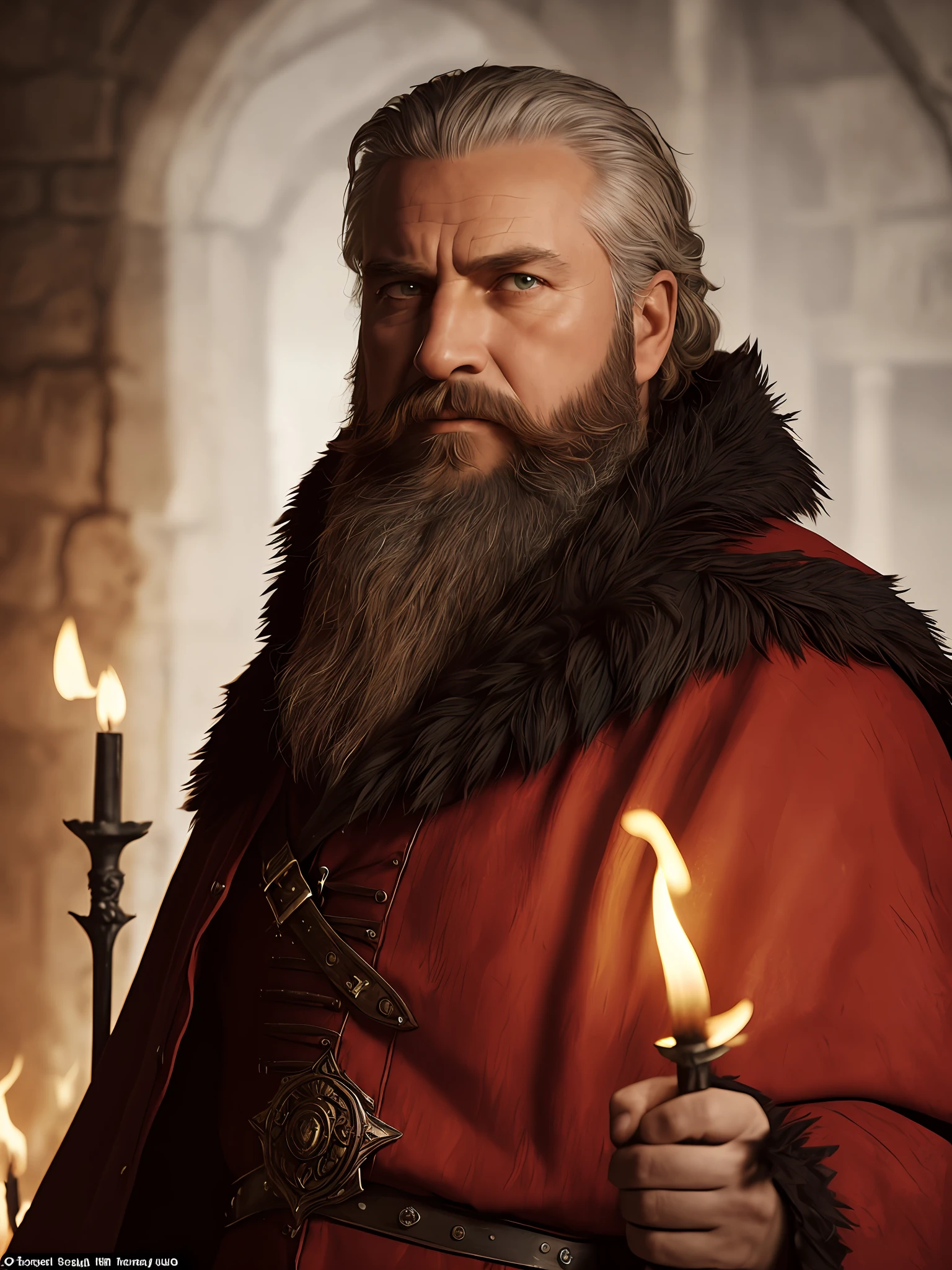 (High quality: 1.3), cinematic shot, masterpiece, (sharp focus: 1.5), (photorealistic: 1.3), medium portrait of (a tired-looking medieval old warrior, big beard, red outfit with black details but still proud and fierce, now the leader of his village, dressed in elaborately detailed red lojga quota, some torches burn on the walls, giving the scene a somber atmosphere,  but sculpting the shapes in crisp chiaroscuro), it is night, (highly detailed skin), (detailed face), detailed background, dark lighting, twilight lighting, volumetric lighting, complex details, UHD,