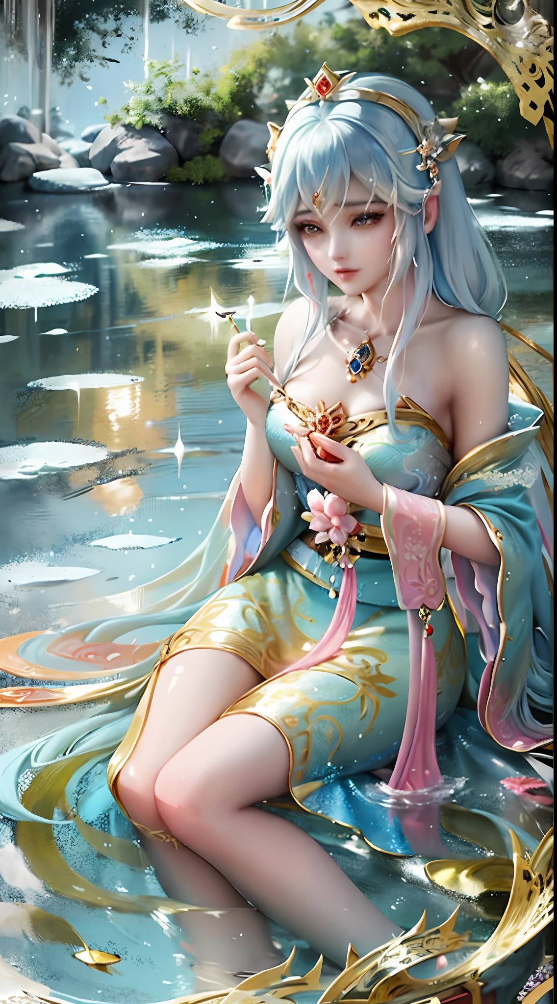 painting of a woman in a blue dress in a pond of water, beautiful character painting, ((a beautiful fantasy empress)), in the art style of bowater, closeup fantasy with water magic, artwork in the style of guweiz, inspired by Chen Yifei, ethereal beauty, a beautiful fantasy empress, inspired by Zhang Yan, palace ， a girl in hanfu