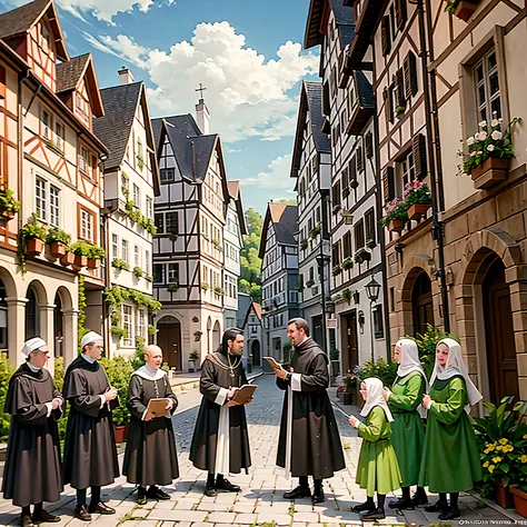 catholic friar preaching to many people in a small square in germany in the middle ages, 8k, ultra-realistic