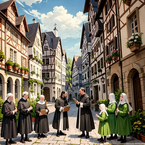 catholic friar preaching to some people in a small square in germany in the middle ages --auto --s2