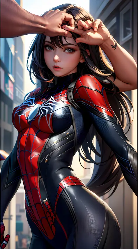 best quality, cg game, 1girl, masterpiece, best quality, 8k, detailed skin texture, detailed cloth texture, beautiful detailed face, intricate details, ultra detailed, spider-man uniform, straight hair, (half body: 1.2)