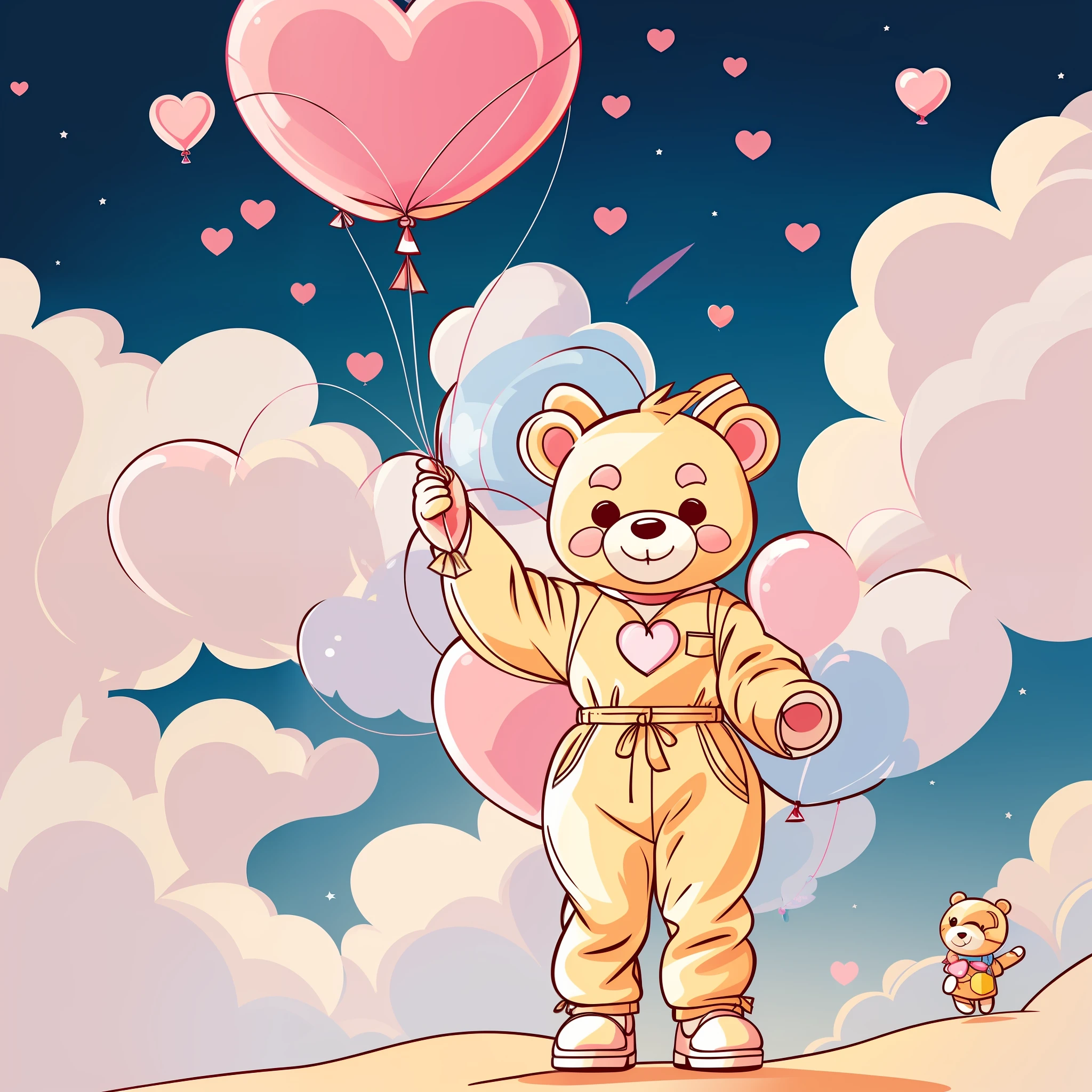 A cute cartoon image for clothes can be a drawing of an adorable teddy bear wearing a colorful jumpsuit and holding a heart-shaped balloon. The bear has big, bright eyes, with a sweet smile on its face. The jumpsuit is decorated with prints of stars and clouds, conveying a sense of joy and fun. The heart-shaped balloon is floating above the bear, adding a romantic touch to the image. The background can be a sunny landscape with a clear blue sky and fluffy clouds, reinforcing the cheerful and charming atmosphere of the scene. This cute cartoon image would be perfect to print on children's clothes, creating a lovely and charming look for the little ones.