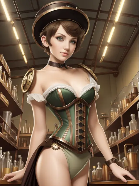 masterpiece, best quality, 1beautiful woman, flat chest, petite, teenager, short brown hair, pixie cut, green eyes, (bright eyes), ((steampunk)), corset, top hat, laboratory, workshop, (night), (vacuum tube), counterpart, arms behind back,