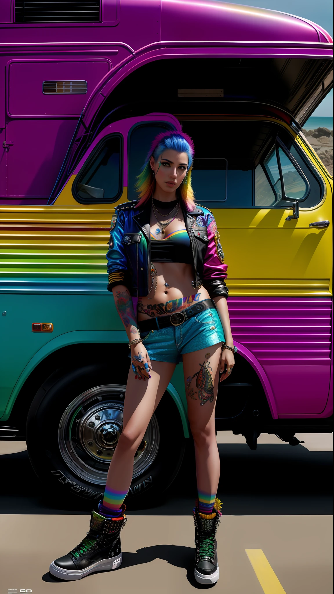 Foto des schönsten Kunstwerks der Welt mit einer modernen Regenbogen-Punk-Frau, an einen Van an einem kalifornischen Strand gelehnt, Trends auf ArtStation, Abonnieren, kompliziert, Hohe Detailliertheit, scharfer Fokus, dramatisch, fotorealistische Malereikunst von Greg Rutkowski