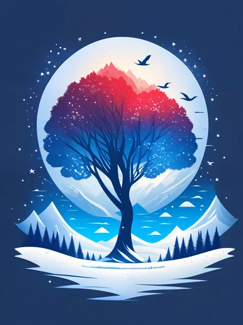 a spruice tree in a winter landscape, tshirt design, rzminjourney, vector-art