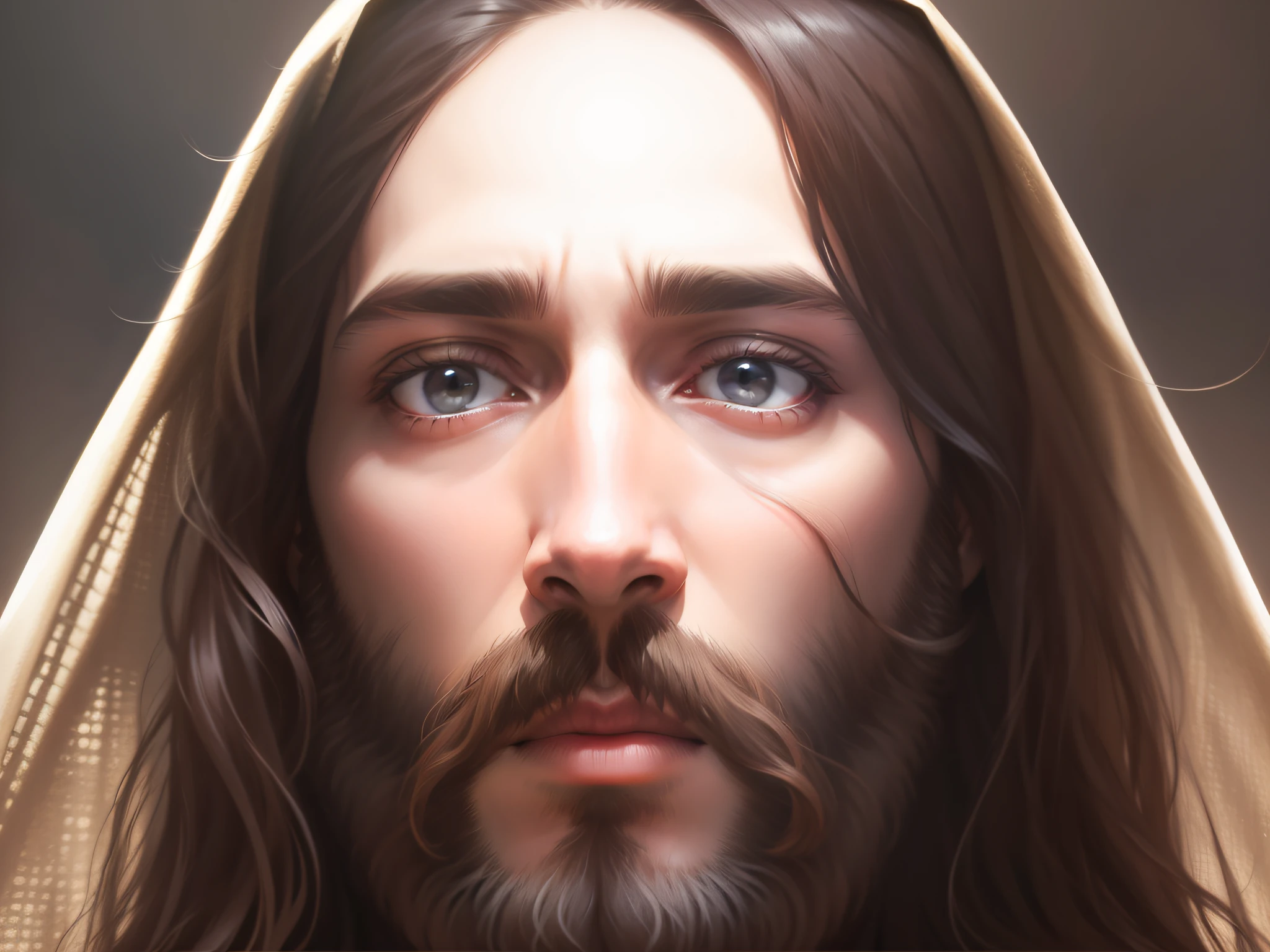 Realistic image of Jesus Christ, with cloak on his head, serene look ...