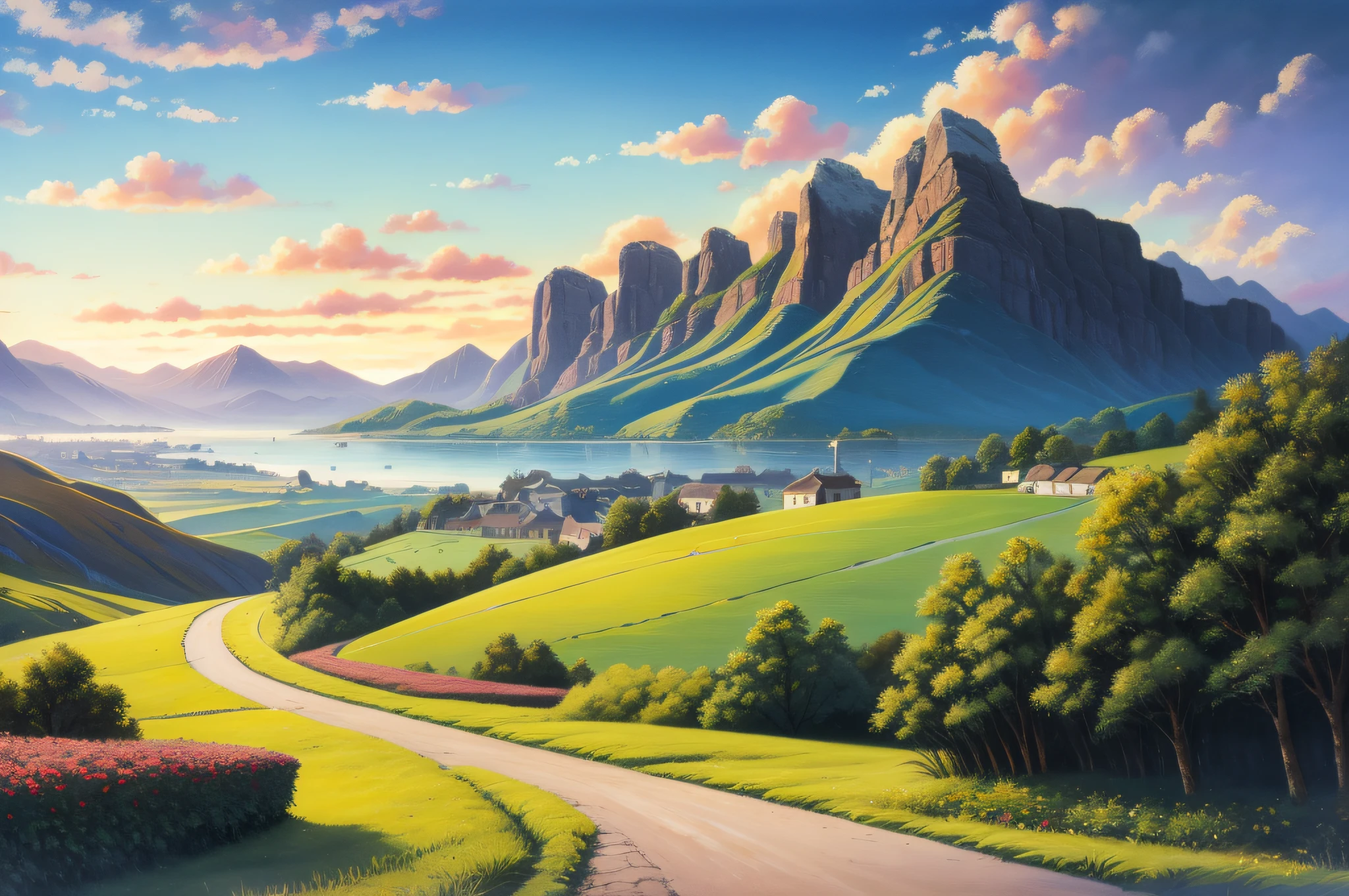 best quality, high resolution, distinct image, oil painting (medium), highly detailed, dmt,
countryside, rolling hills, lazy village, chimney smoke, Mountains in distance, cloudy sky, detailed sky. blue ocean