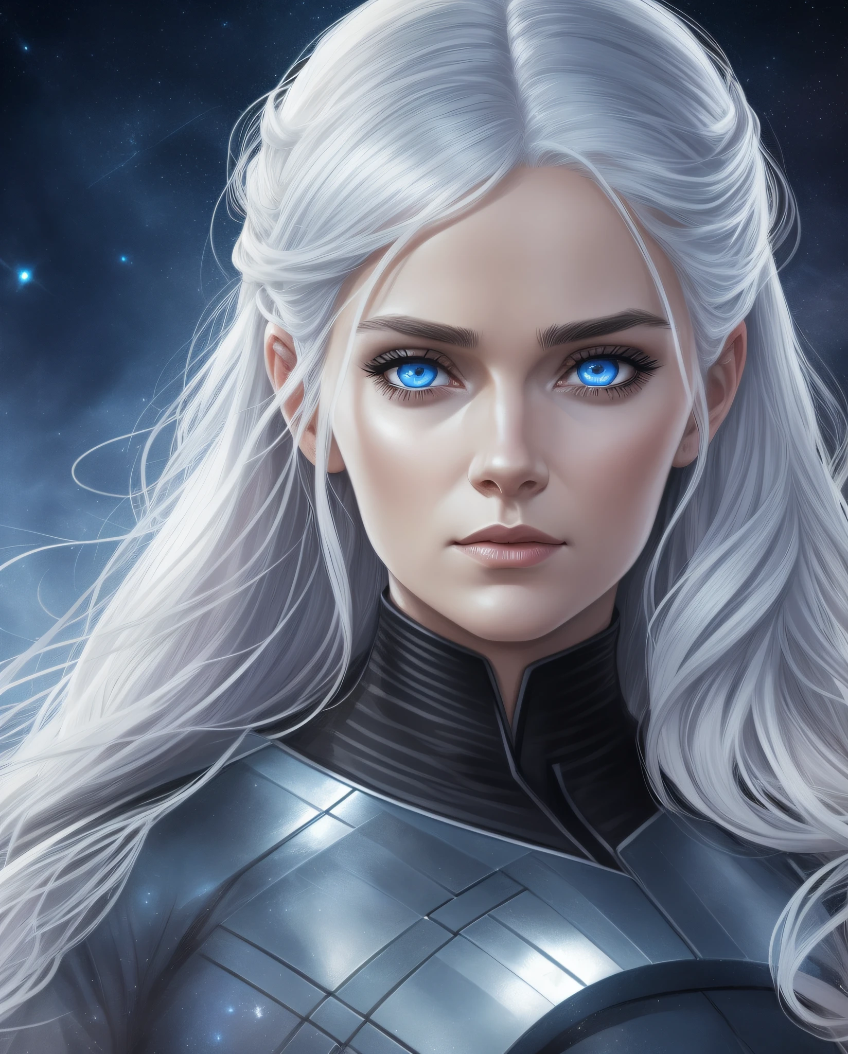 A digital photograph of a woman with dark blue eyes, in startrek film, Game of Thrones wallpapers, cartoon image, computer drawing, of a woman, silver white hair, imperious, webtoons, light look