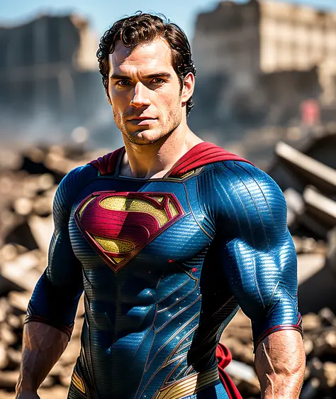 photo of henry cavill is superman , superhero, upper body,cinematic, movie, grain movie (2023s)1boy, building destroyed , realis...