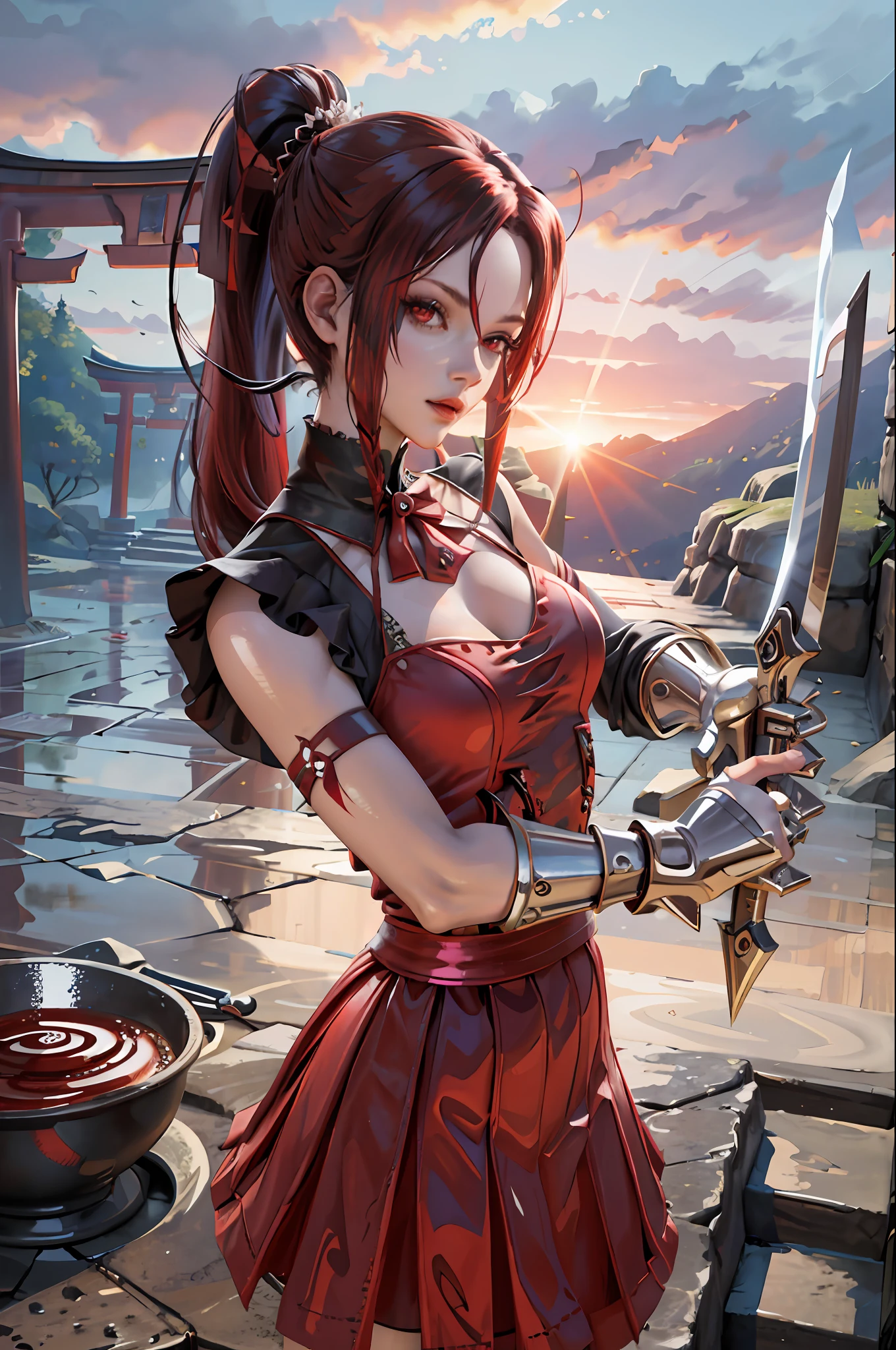(masterpiece:1.2, best quality), (dinamic lighting) 1lady, solo, Cute face, red eyes, rad hair tied at the sides rolled down, shy, red and black French maid dress decorated, iron sword on the floor , (shiny skin:1.2), upper body, torii, temple