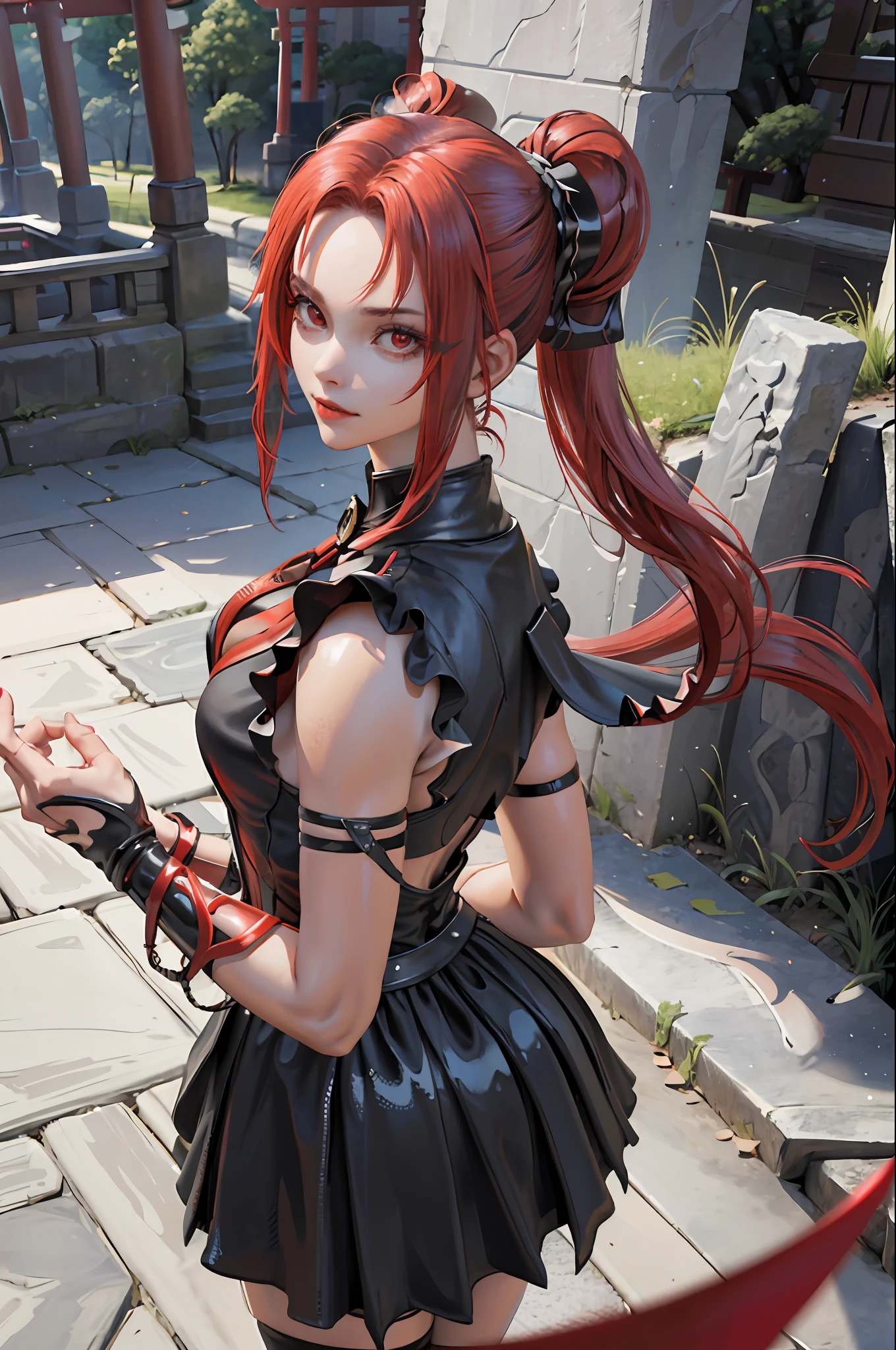 (masterpiece:1.2, best quality), (dinamic lighting) 1lady, solo, Cute face, red eyes, rad hair tied at the sides rolled down, shy, red and black French maid dress decorated, iron sword on the floor , (shiny skin:1.2), upper body, torii, temple