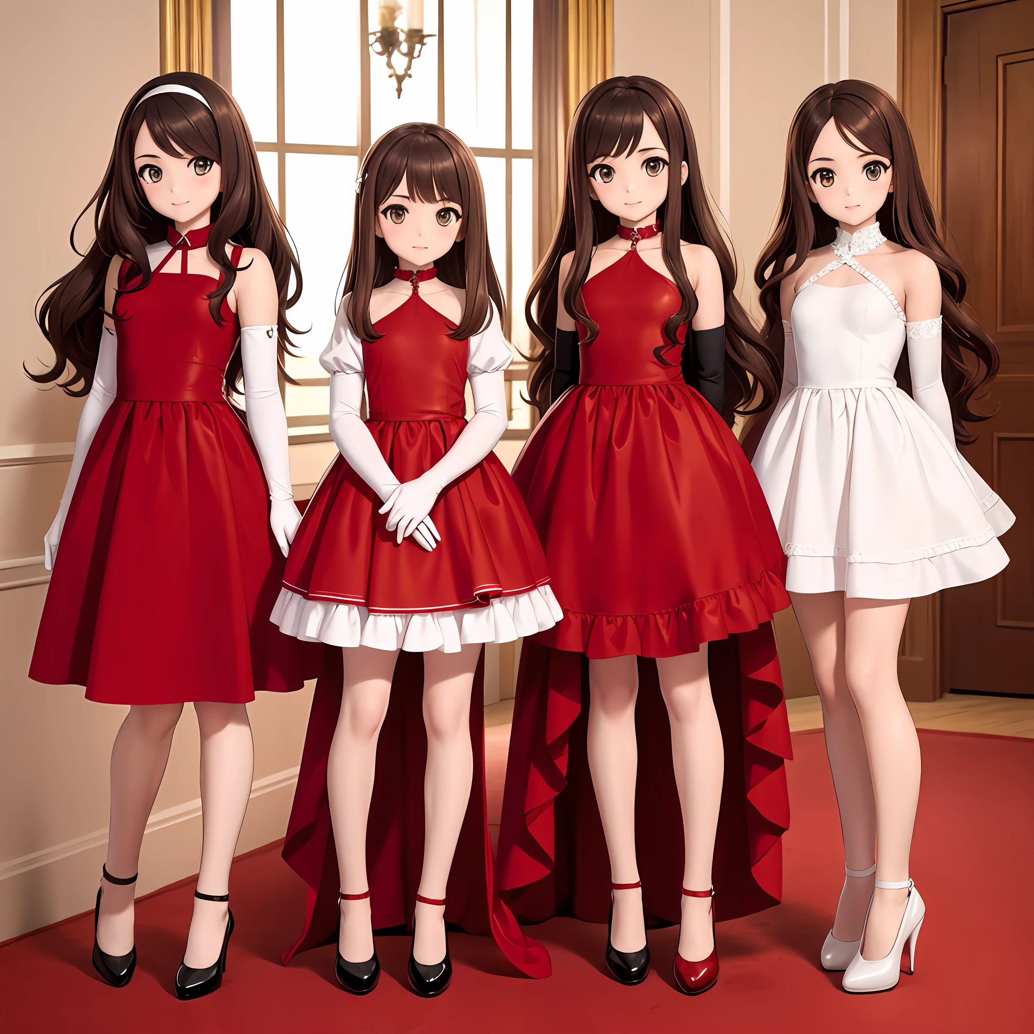 {{Mature female}}, {{{thousands of sisters, millions of sisters, billions of sisters}}}, {{{3girls, sisters, identical sisters, crowd, crowded, surrounded}}}, brown hair, wavy hair, matching hairstyle, brown eyes, red dress, matching dress, white elbow gloves, red high heels, matching outfit, full body, {{masterpiece}}, {{ballroom}}, high quality, {{extremely detailed anime screencap}}