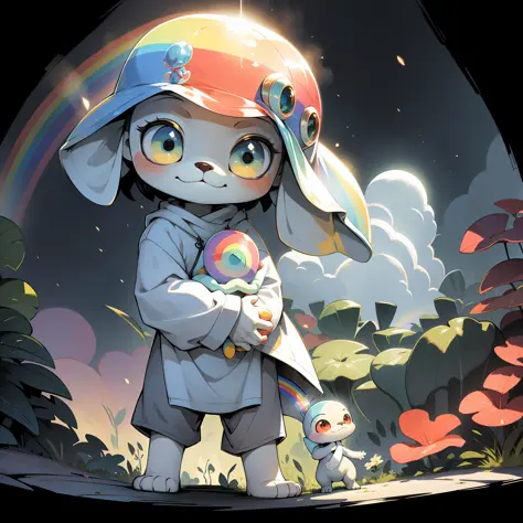 a cute et holding a rainbow in his hands, radiating vibrant colors.