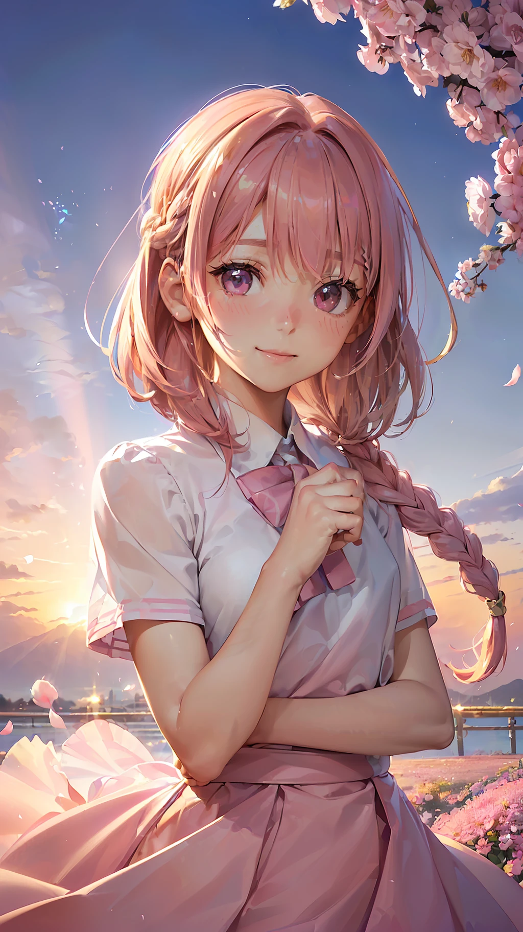 Anime girl with pink hair and a pink dress standing in front of a tree ...