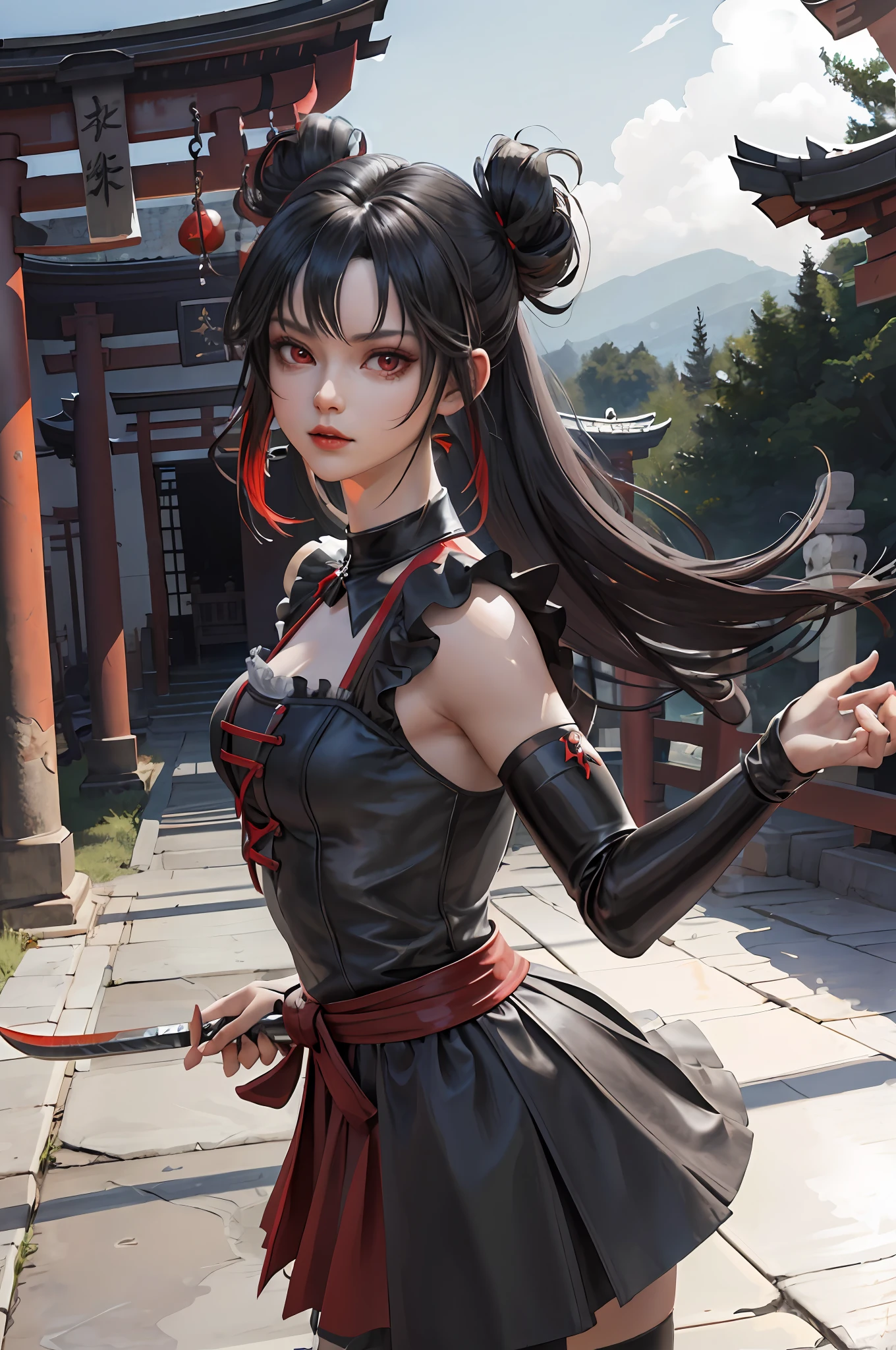 (masterpiece:1.2, best quality), (dinamic lighting) 1lady, solo, Cute face, red eyes, rad hair tied at the sides rolled down, shy, red and black French maid dress decorated, iron sword on the floor , (shiny skin:1.2), upper body, torii, temple