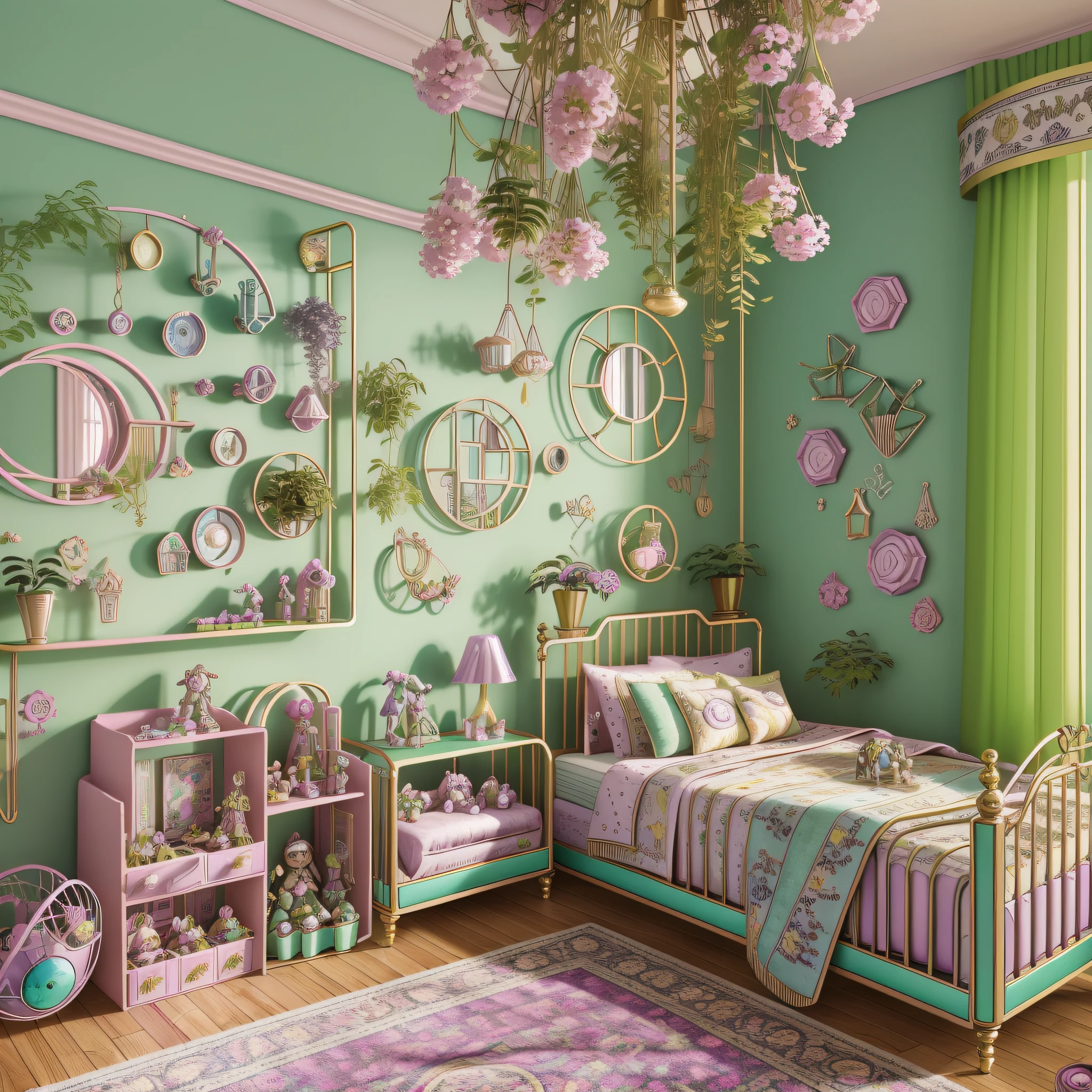 Photo du Digest Architectural d&#39;un {onde de vapeur/Steampunk/solairepunk} ((chambre d&#39;enfant)) vert, avec beaucoup de jouets pour enfants, Avec des poupées, avec un grand lit, avec des fleurs et des plantes, lumière dorée, surréalisme hyperréaliste, Chef-d&#39;œuvre primé avec des détails incroyables, épique à couper le souffle