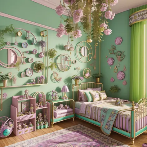 Architectural Digest photo of a {vaporwave/steampunk/solarpunk} ((Child room)) green, with a lot kid toys, with dolls, with a bi...