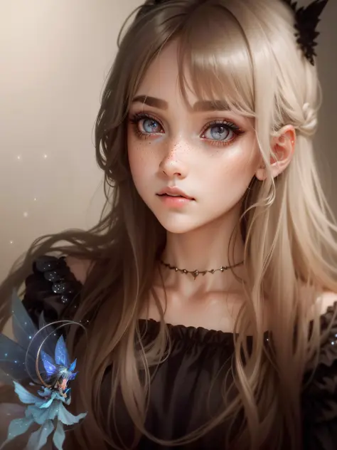 create a mystical fairy with big, deep eyes that shine like stars, with dark brown eyes, soft freckles on her face, her serene and peaceful expression, as if she could see the beauty in everything, ultra HD, high facial details, --auto --s2