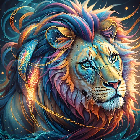 a painting of a colored lion on a black background, breathtaking rendering, within a radiant connection, inspired by Kinuko Y. C...