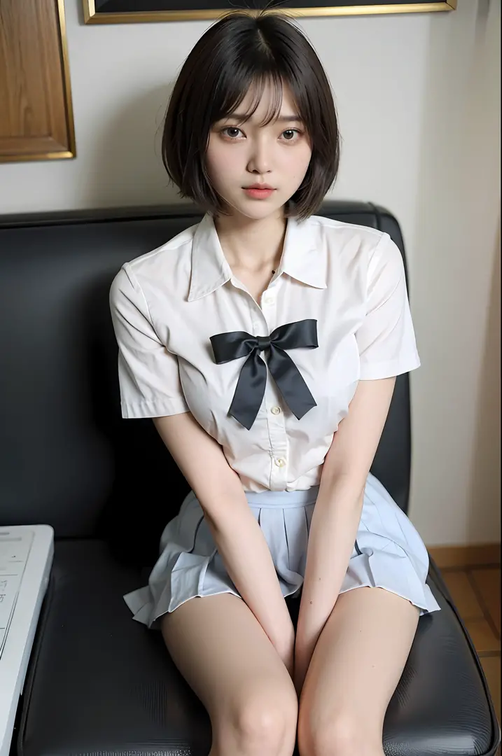 Low angle shot, Alafed asian woman in short skirt and bow tie sitting on train, cute schoolgirl, Japan schoolgirl uniform, weari...