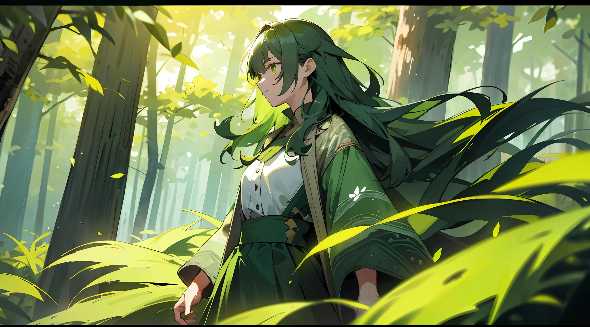 Une femme, feuilles vertes cheveux sauvagement, vêtements de forêt, entouré de loups verts, dans une forêt magique