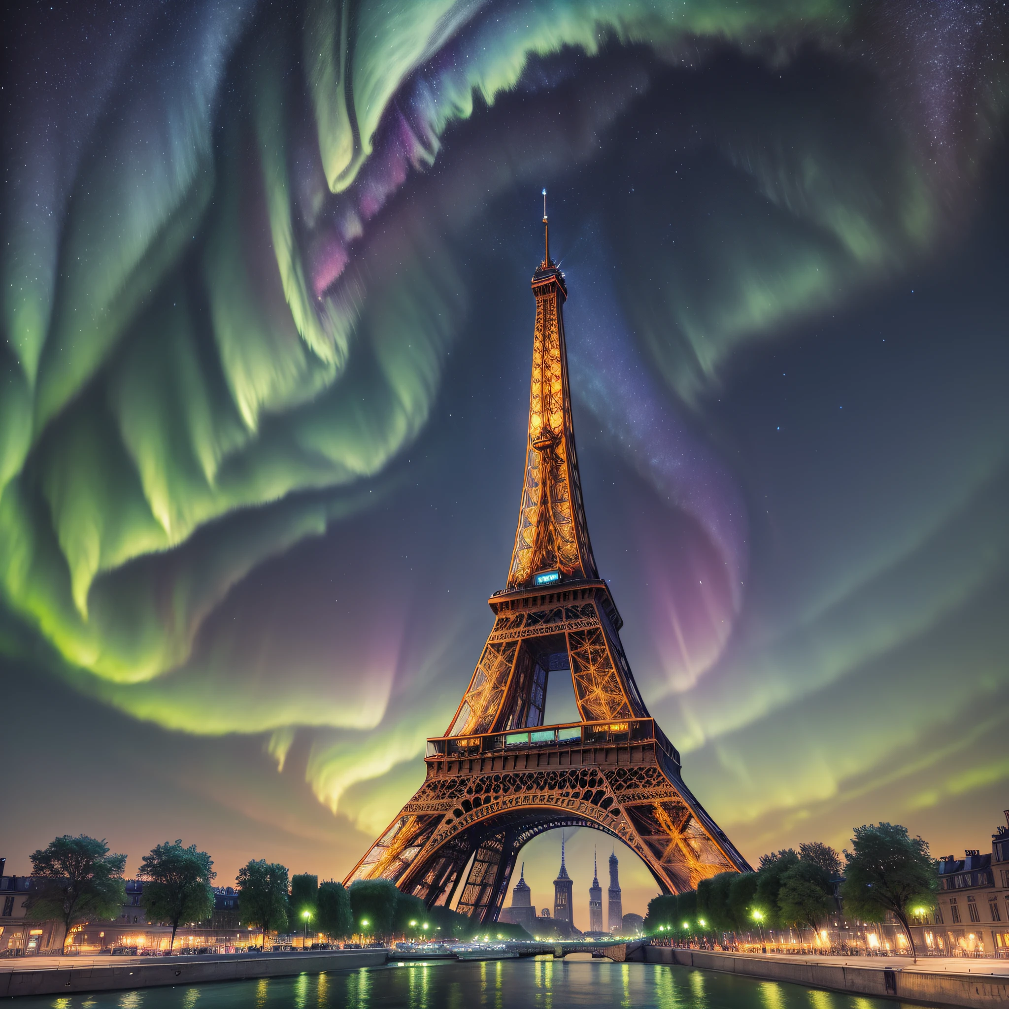 The eiffel tower is illuminated by aurora lights in the sky - SeaArt AI